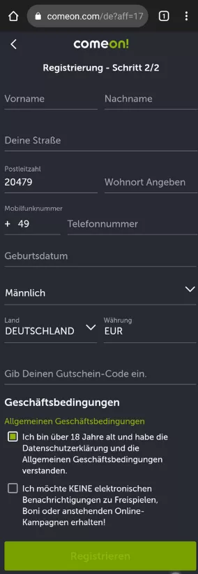 ComeOn Registrierung Schritt 2